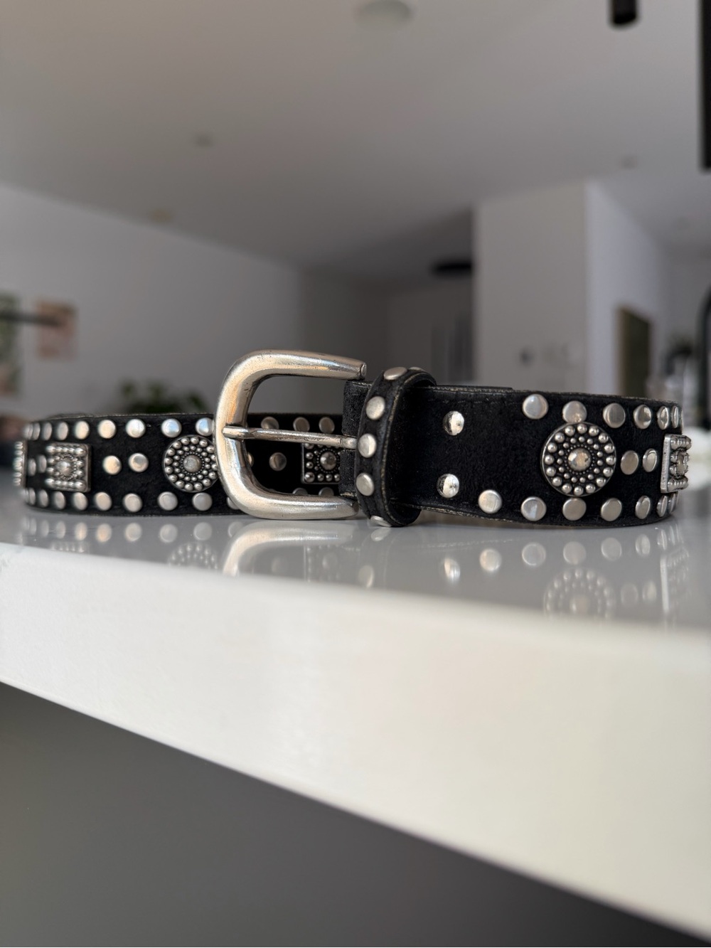 Vintage Studded Black Suede Belt with Silver Conchos
